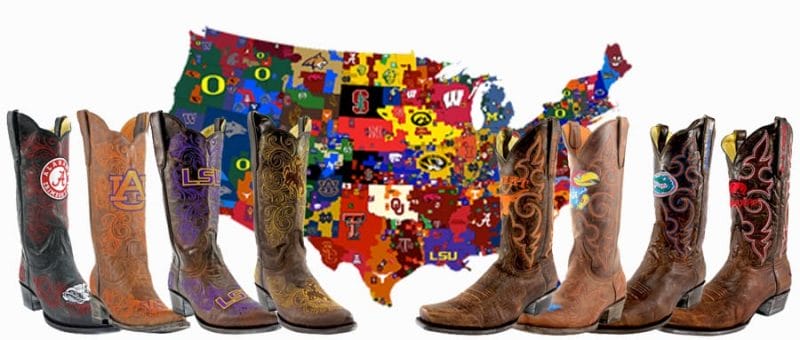 college logo cowboy boots - USA flag with college teams listed and assortment of college logo boots